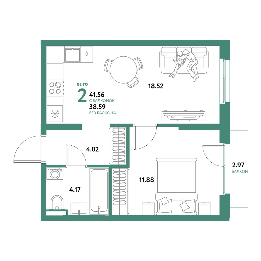 Планировка: Остров-сад 2-комнатная 41,56м²
