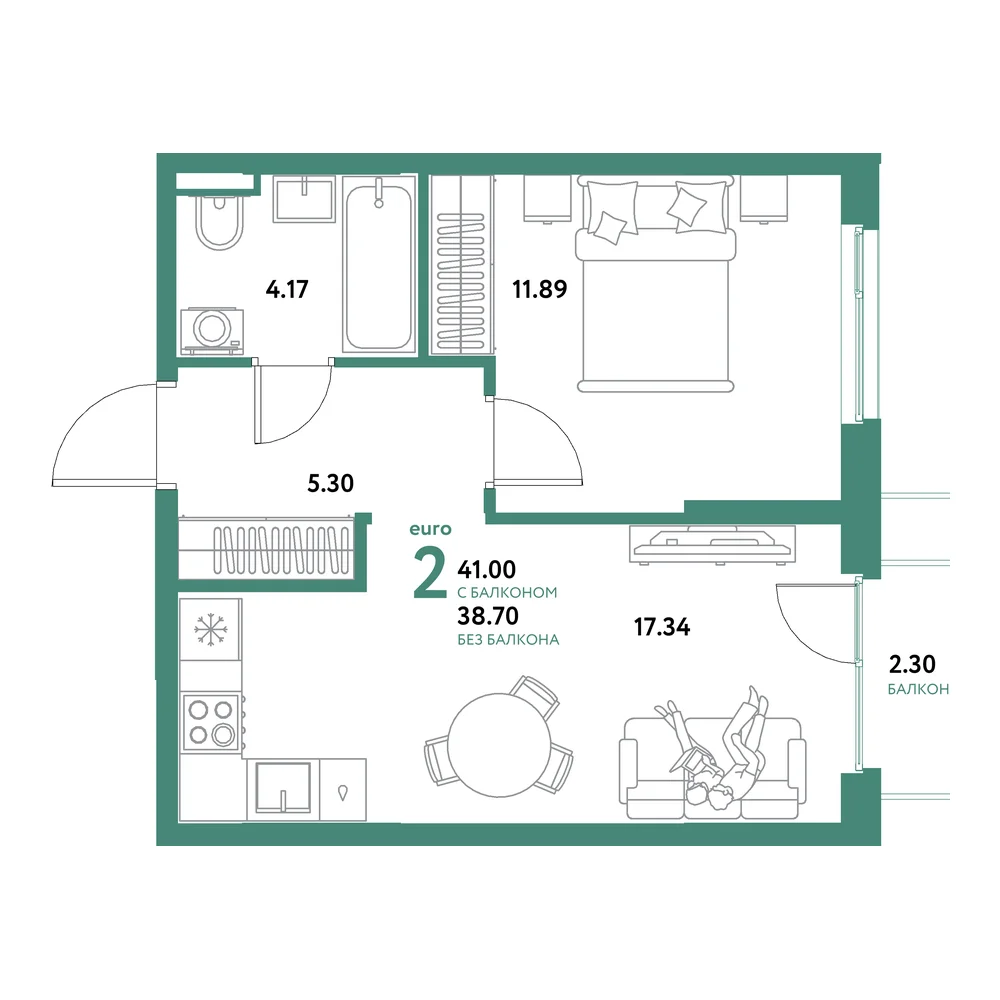 Планировка: Остров-сад 2-комнатная 41,00м²