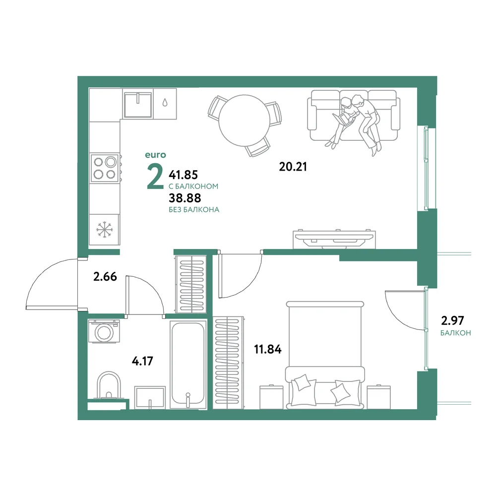 Планировка: Остров-сад 2-комнатная 41,85м²