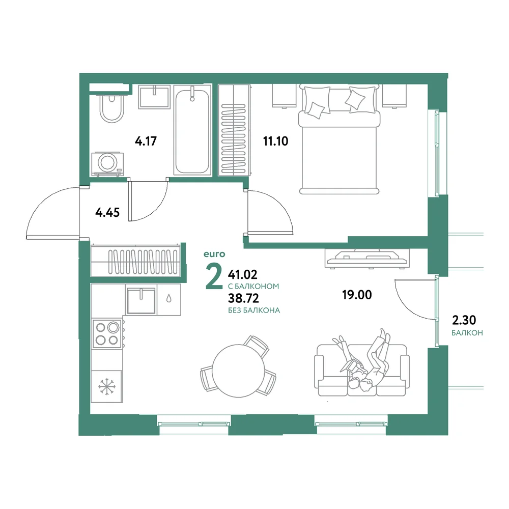 Планировка: Остров-сад 2-комнатная 41,02м²