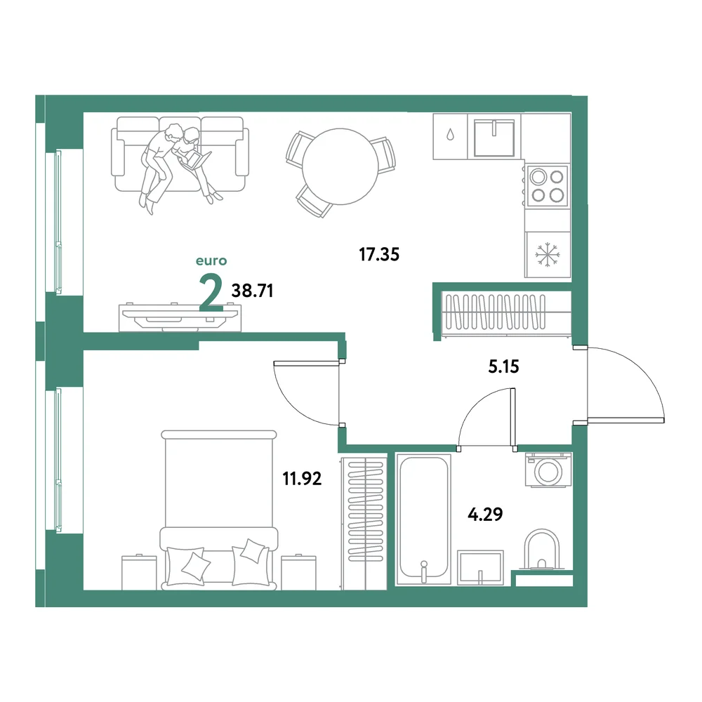 Планировка: Остров-сад 2-комнатная 38,71м²