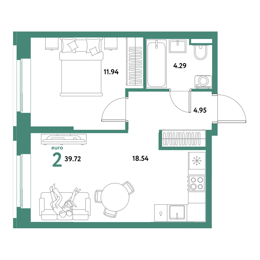 Планировка: Остров-сад 2-комнатная 39,72м²