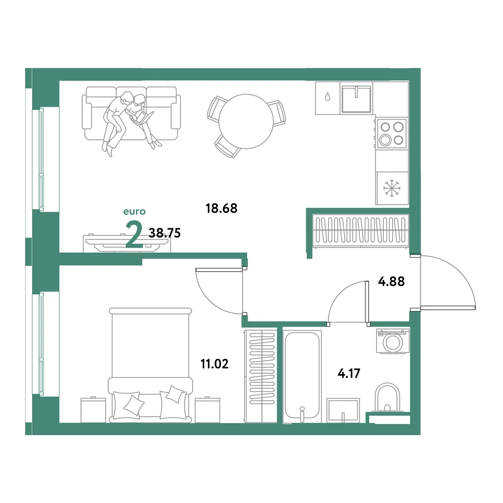 Планировка: Остров-сад 2-комнатная 38,75м²
