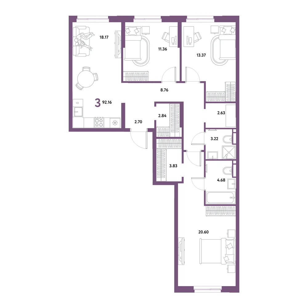 Планировка: Остров-сад 3-комнатная 92,16м²