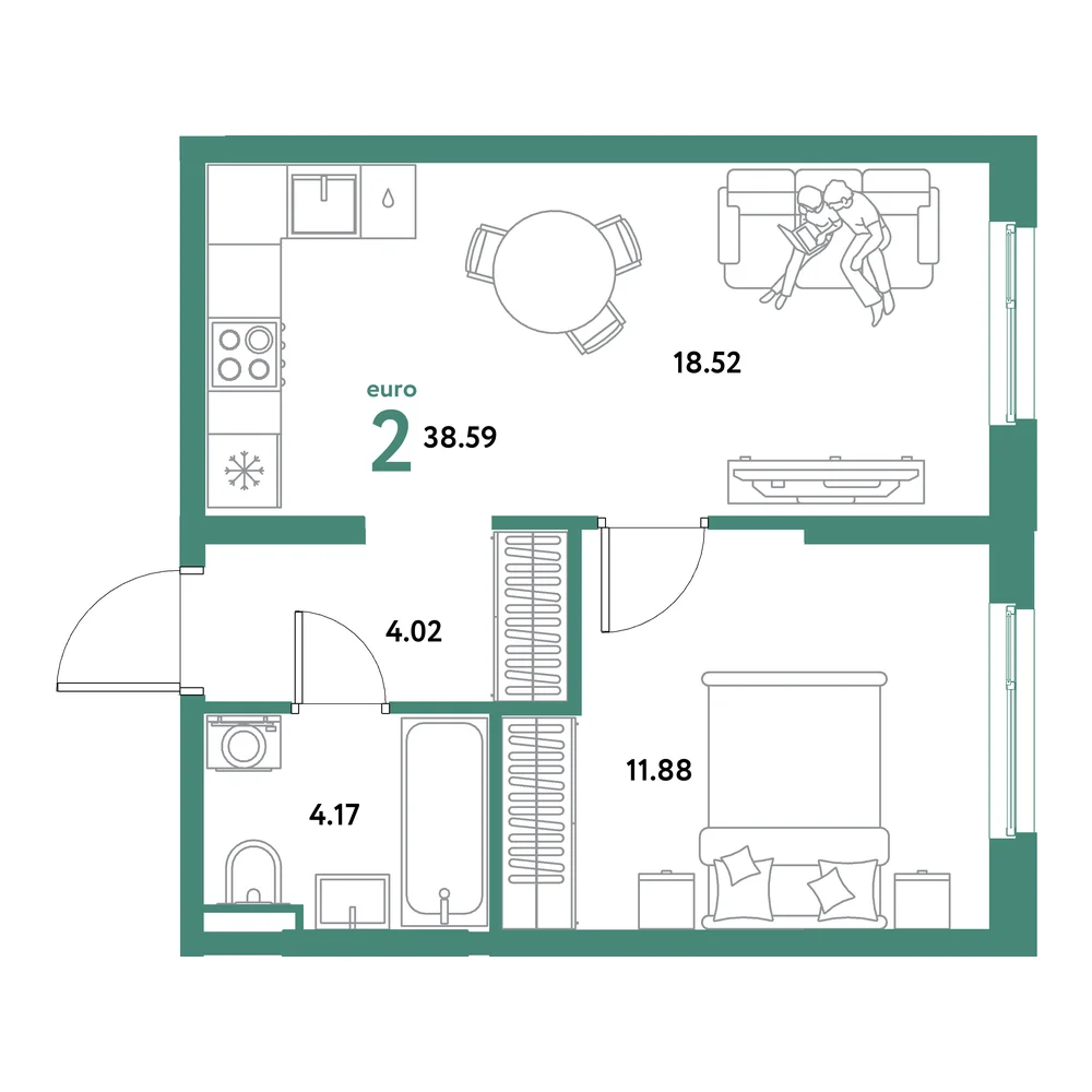 Планировка: Остров-сад 2-комнатная 38,59м²