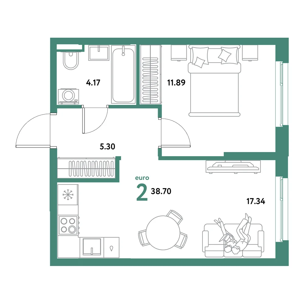 Планировка: Остров-сад 2-комнатная 38,70м²