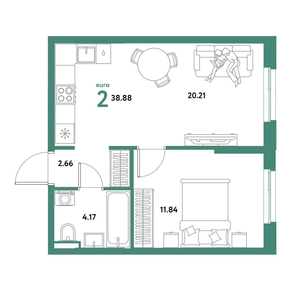 Планировка: Остров-сад 2-комнатная 38,88м²