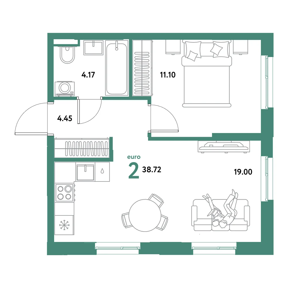 Планировка: Остров-сад 2-комнатная 38,72м²