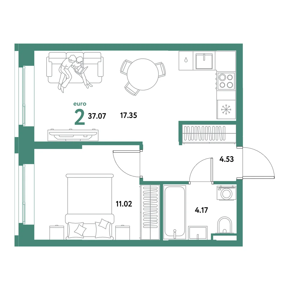 Планировка: Остров-сад 2-комнатная 37,07м²