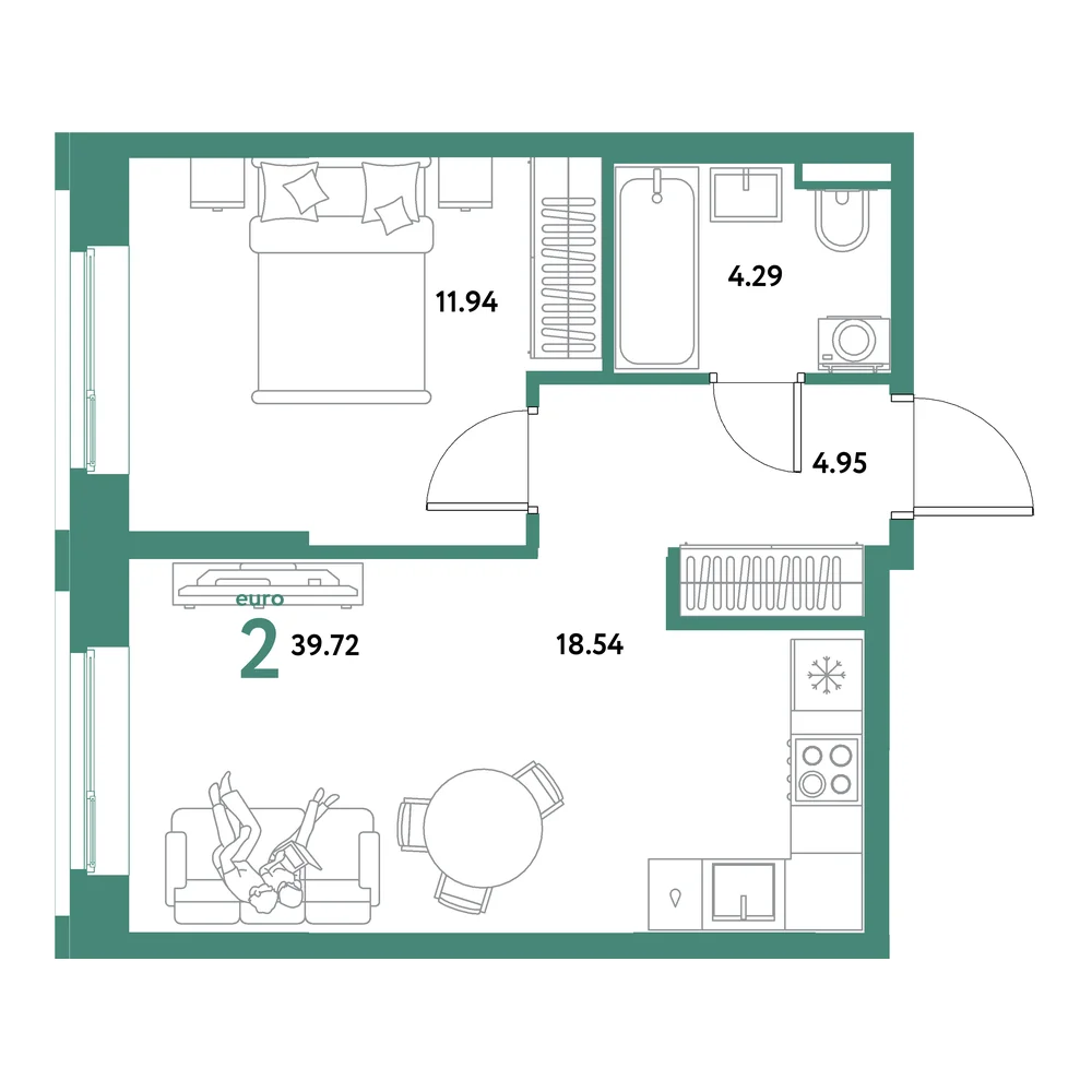 Планировка: Остров-сад 2-комнатная 39,72м²