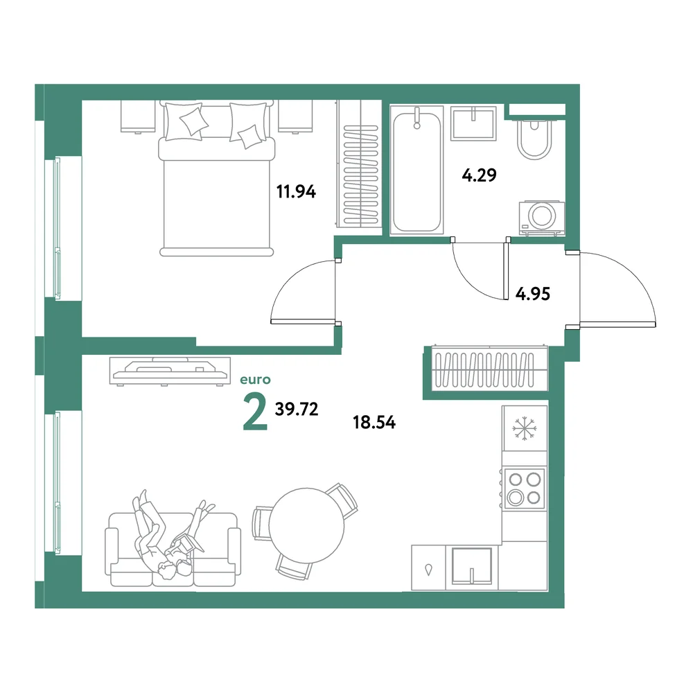 Планировка: Остров-сад 2-комнатная 39,72м²