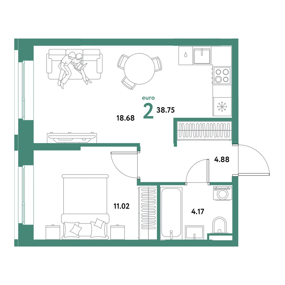 Планировка: Остров-сад 2-комнатная 38,75м²