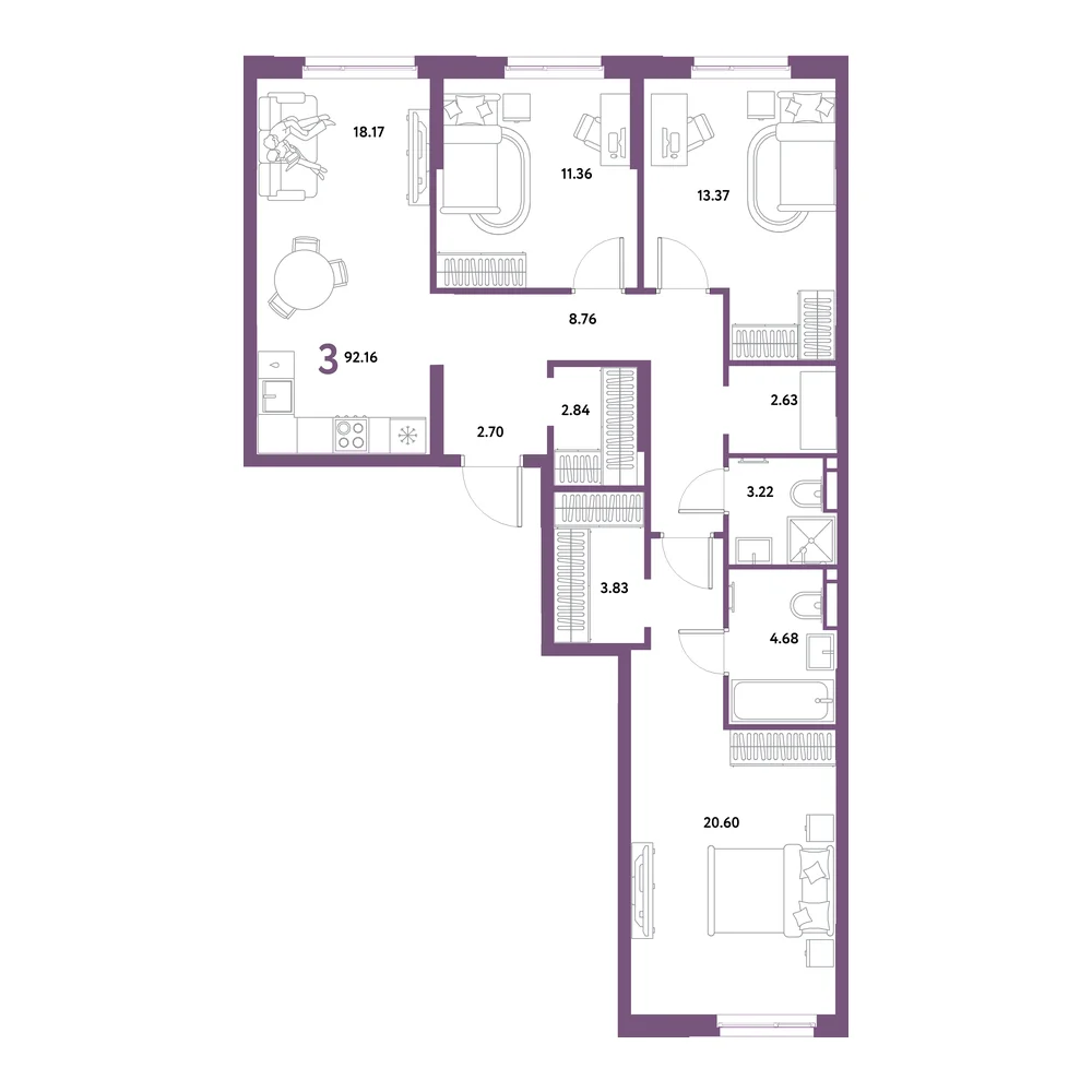 Планировка: Остров-сад 3-комнатная 92,16м²