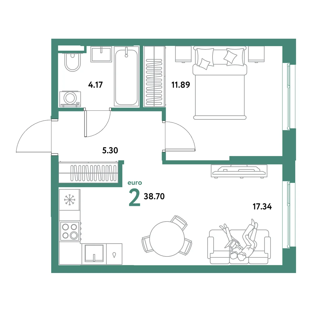 Планировка: Остров-сад 2-комнатная 38,70м²