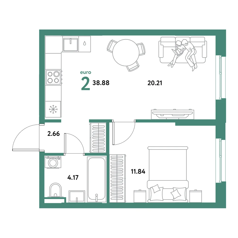 Планировка: Остров-сад 2-комнатная 38,88м²