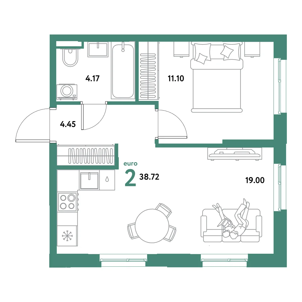 Планировка: Остров-сад 2-комнатная 38,72м²