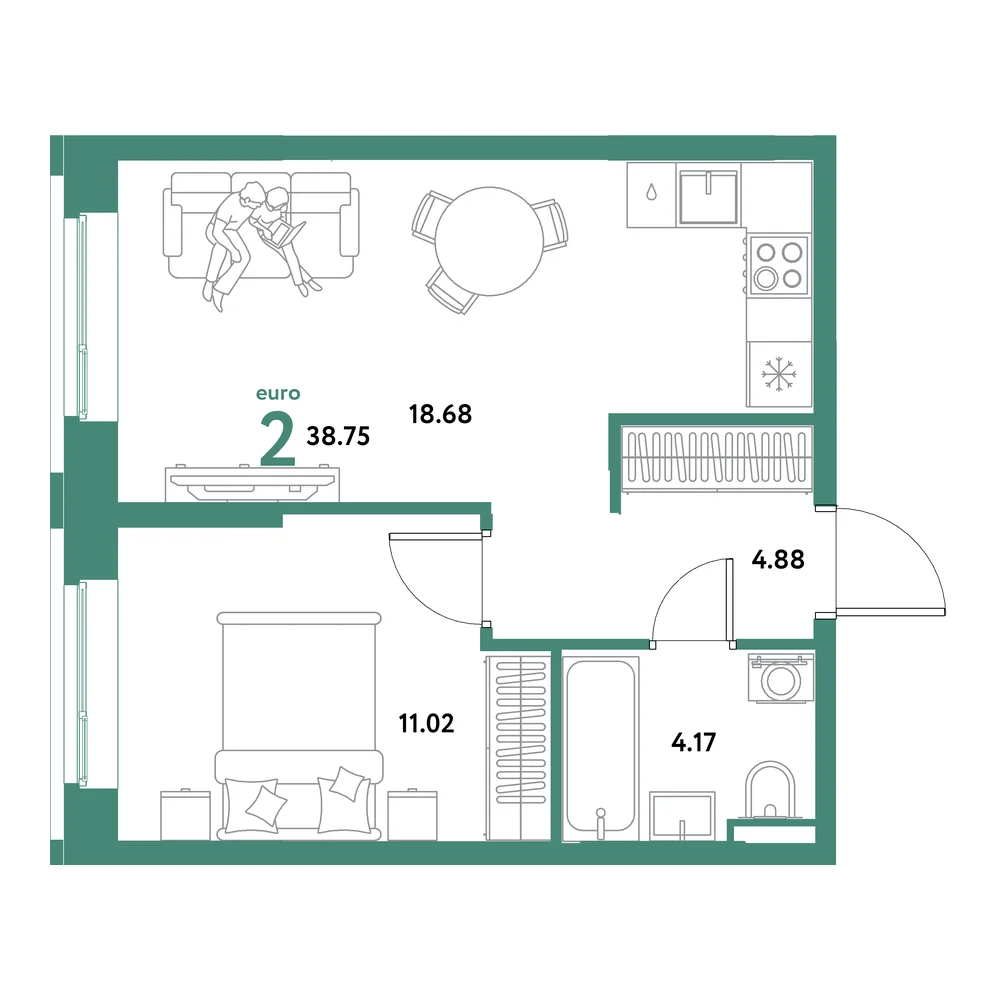Планировка: Остров-сад 2-комнатная 38,75м²