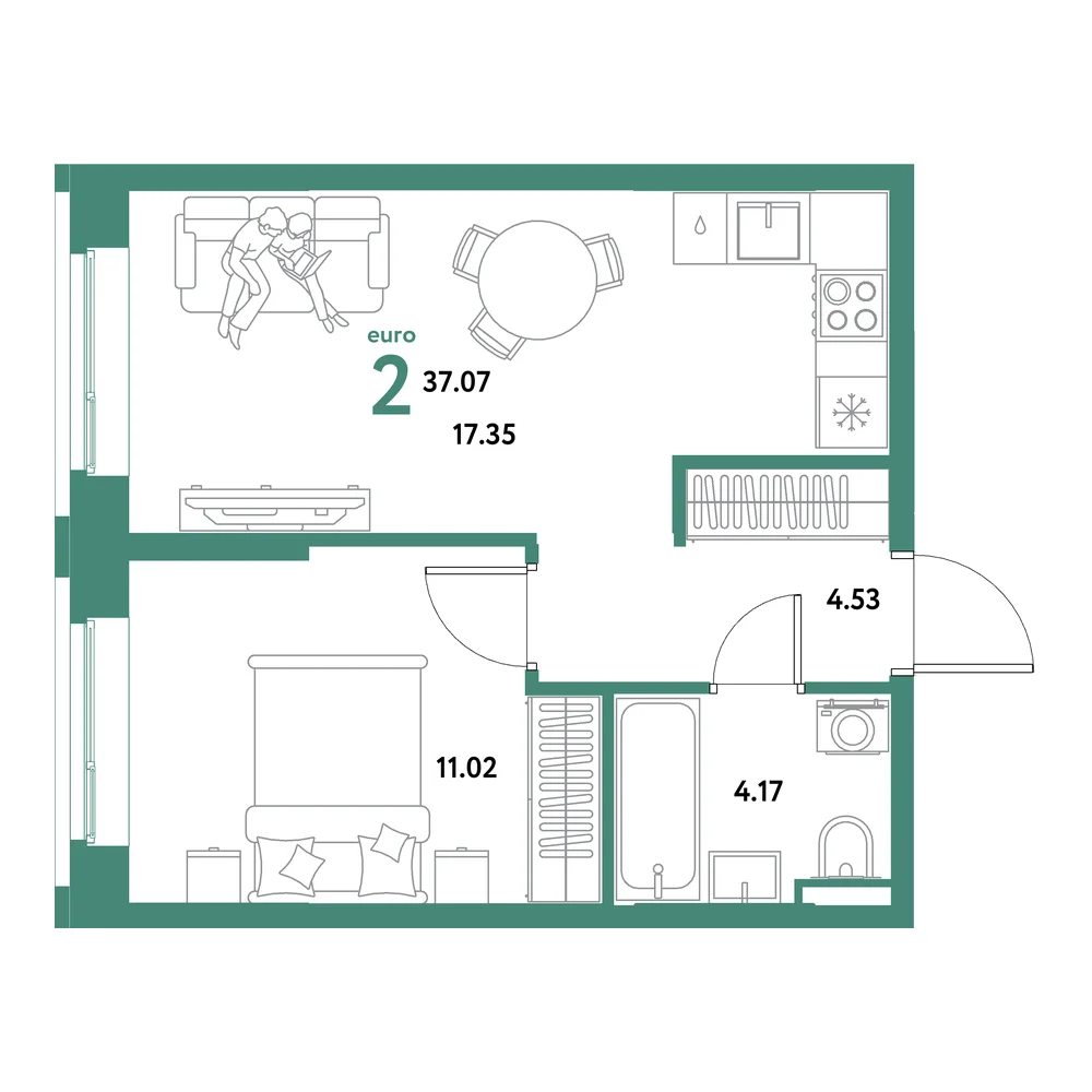 Планировка: Остров-сад 2-комнатная 37,07м²