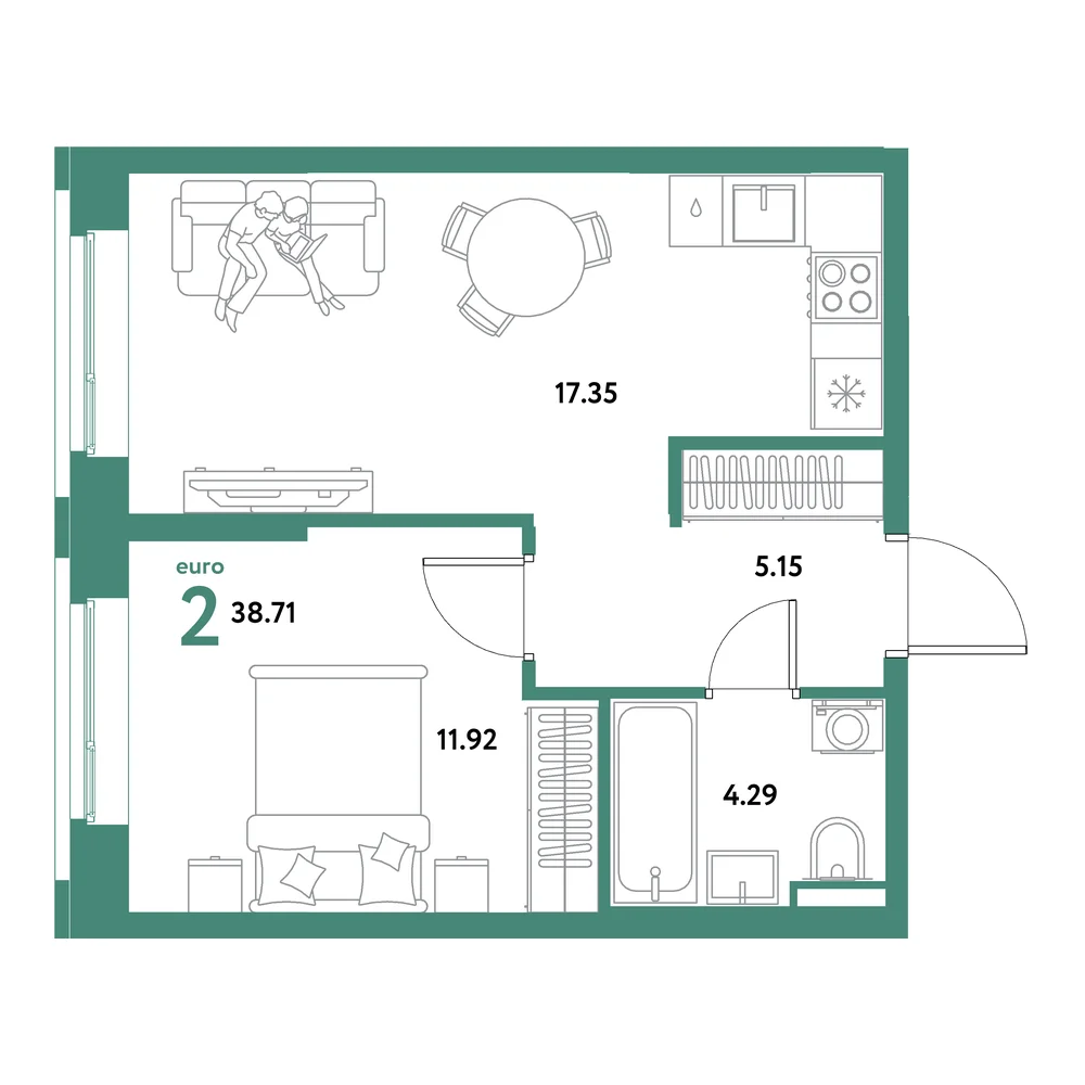 Планировка: Остров-сад 2-комнатная 38,71м²