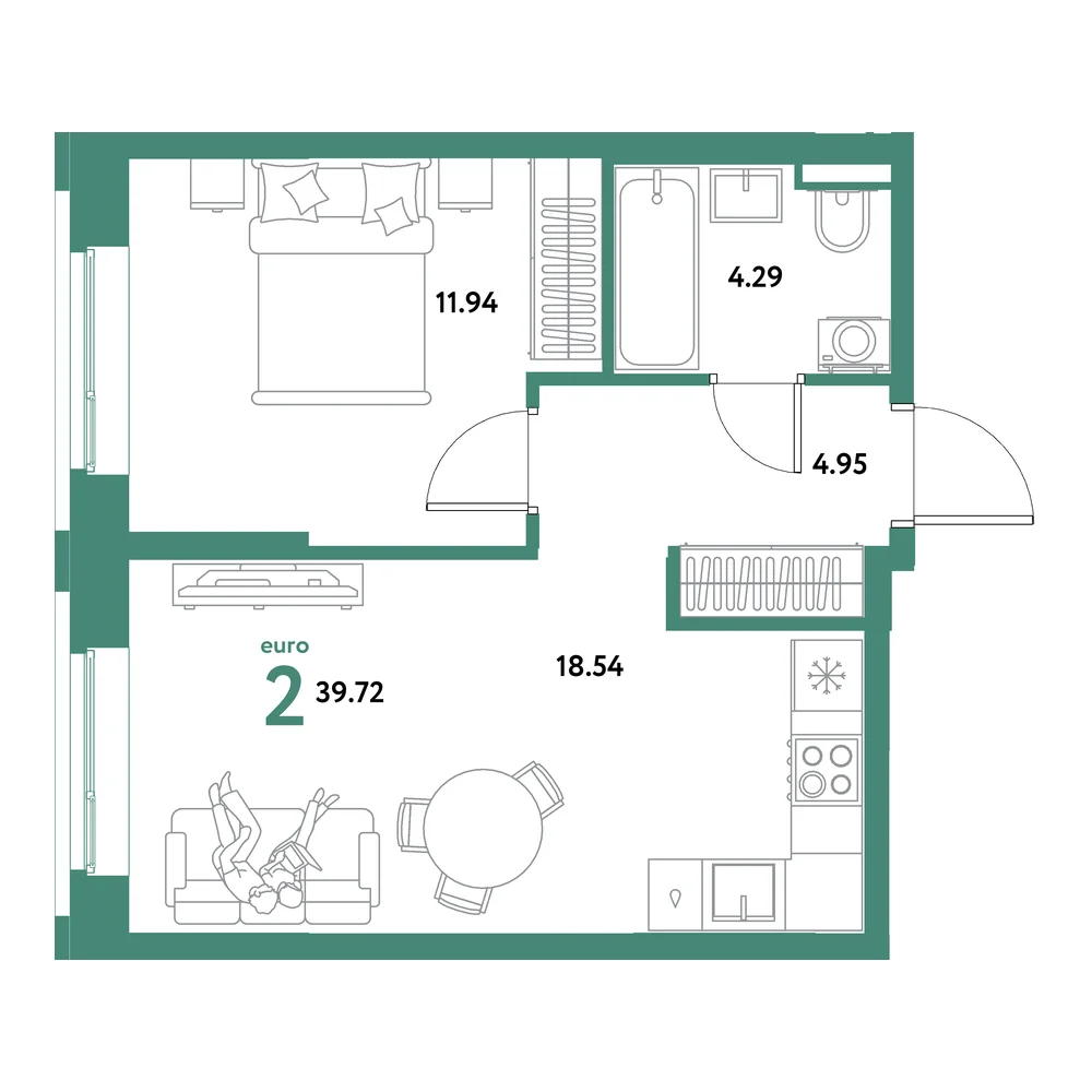 Планировка: Остров-сад 2-комнатная 39,72м²