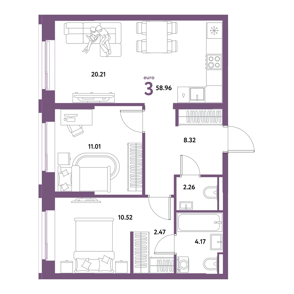 Планировка: Остров-сад 3-комнатная 58,96м²