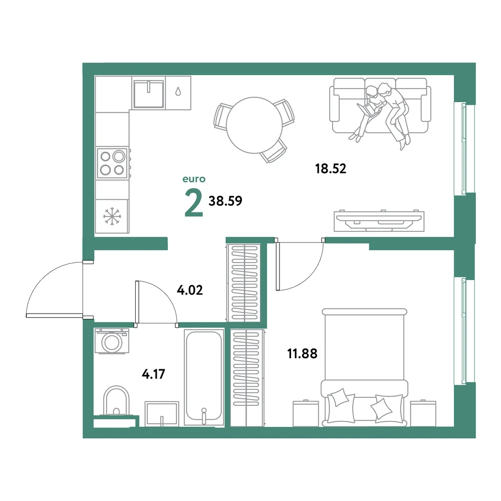 Планировка: Остров-сад 2-комнатная 38,59м²