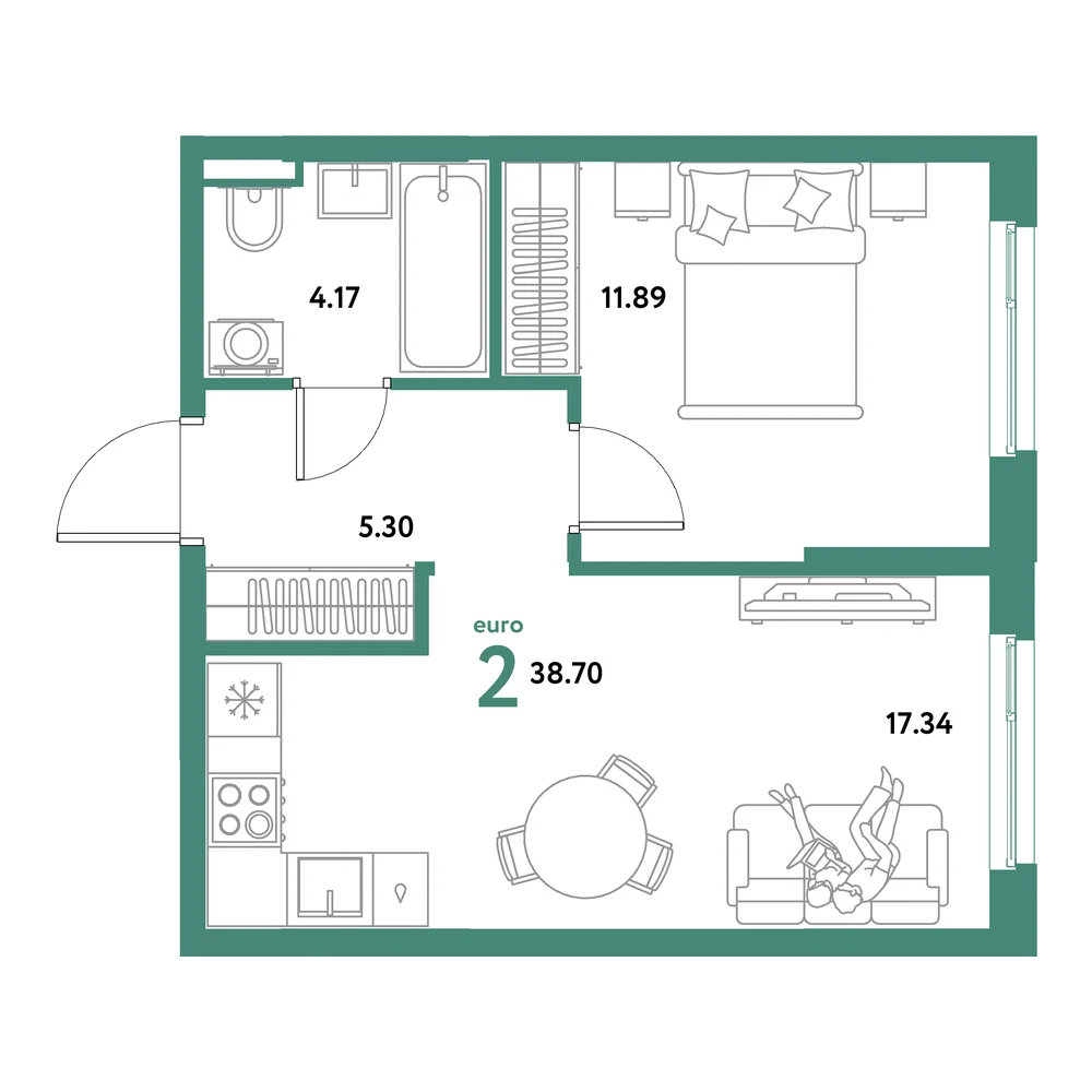 Планировка: Остров-сад 2-комнатная 38,70м²
