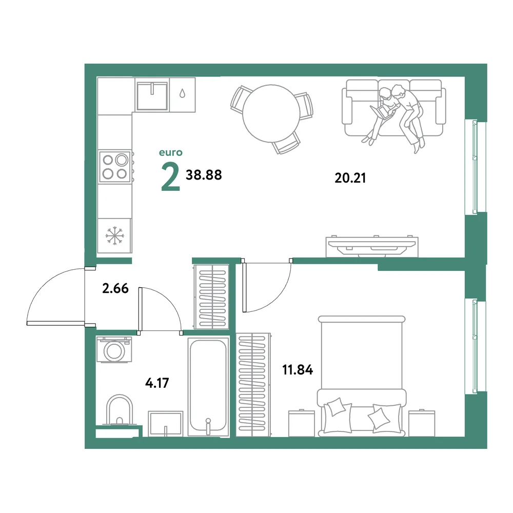 Планировка: Остров-сад 2-комнатная 38,88м²