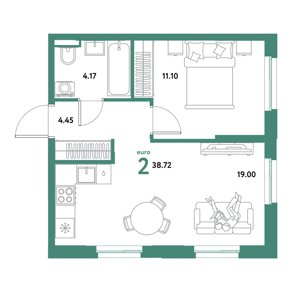 Планировка: Остров-сад 2-комнатная 38,72м²