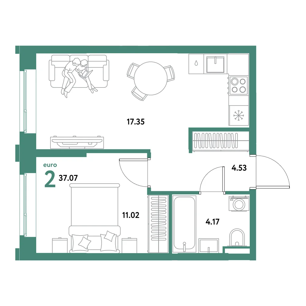 Планировка: Остров-сад 2-комнатная 37,07м²