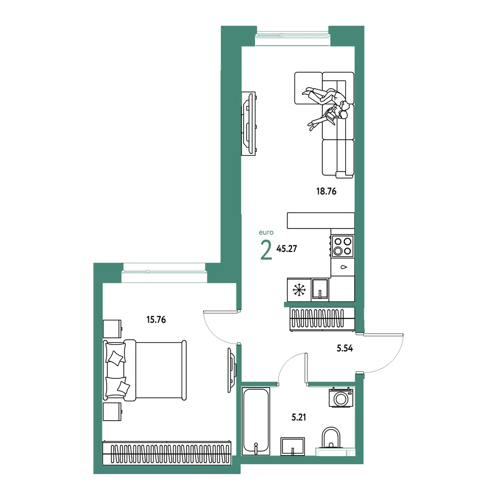 Планировка: Остров-сад 2-комнатная 45,27м²