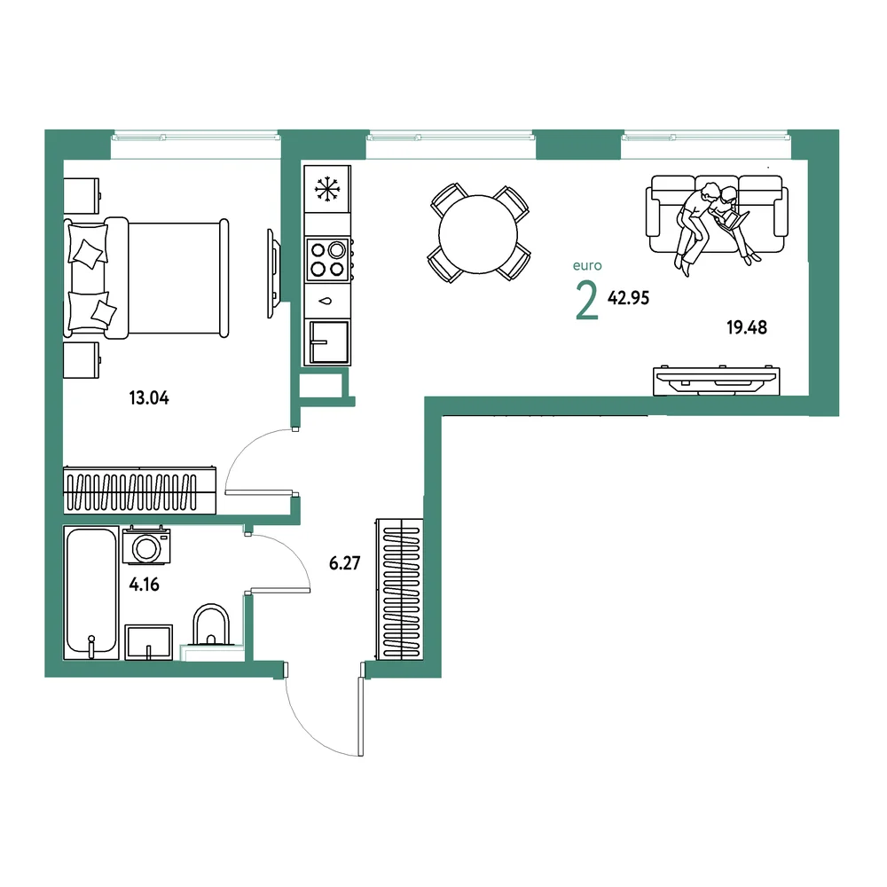 Планировка: Остров-сад 2-комнатная 42,95м²
