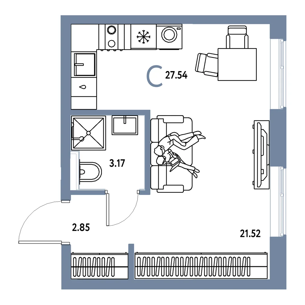 Планировка: Остров-сад Студия 27,54м²