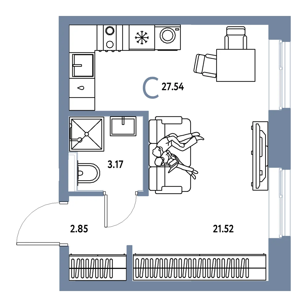 Планировка: Остров-сад Студия 27,54м²