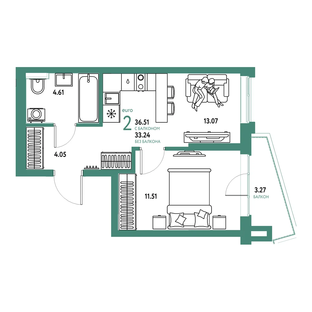 Планировка: Остров-сад 2-комнатная 36,51м²