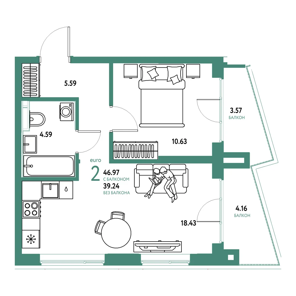 Планировка: Остров-сад 2-комнатная 46,97м²