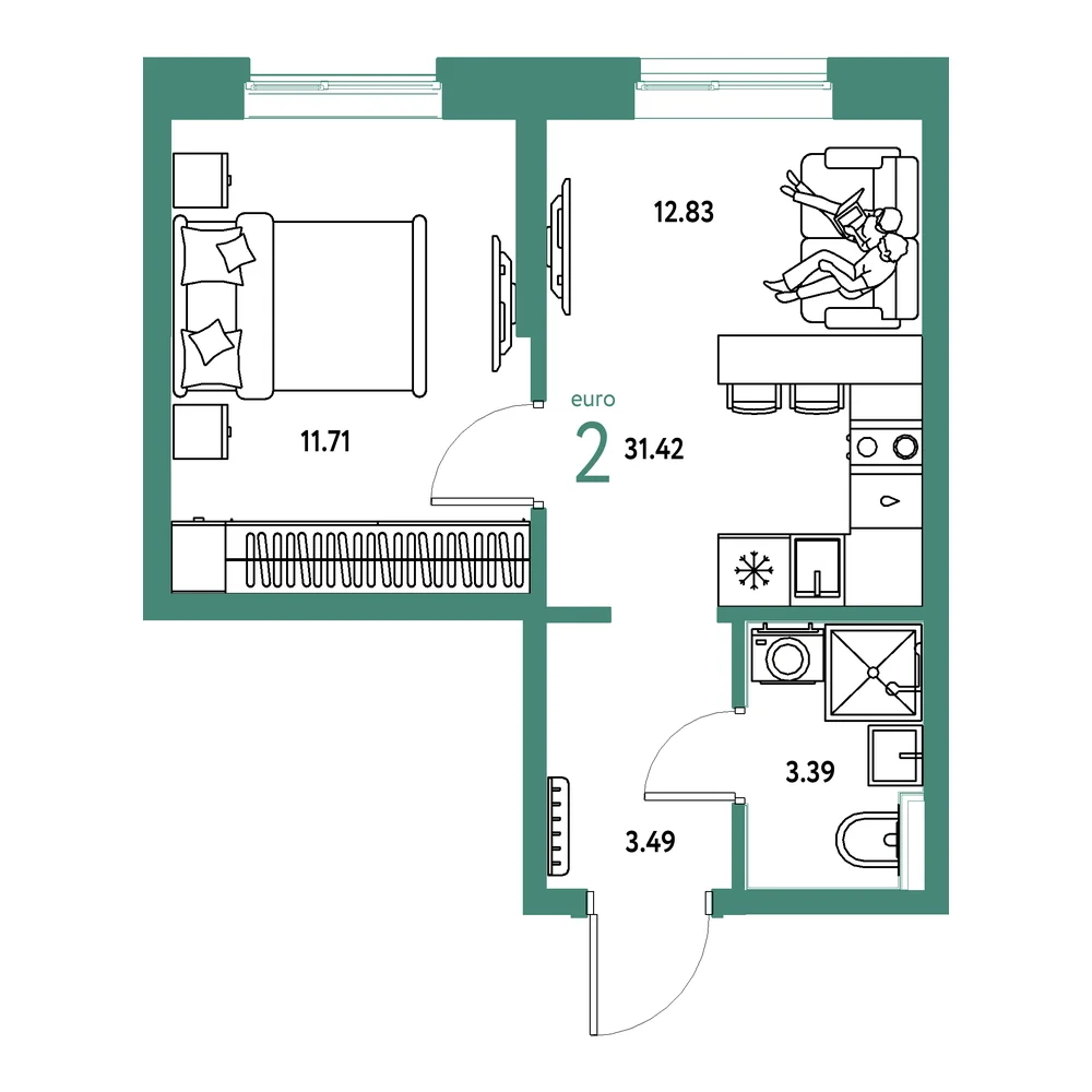 Планировка: Остров-сад 2-комнатная 31,42м²