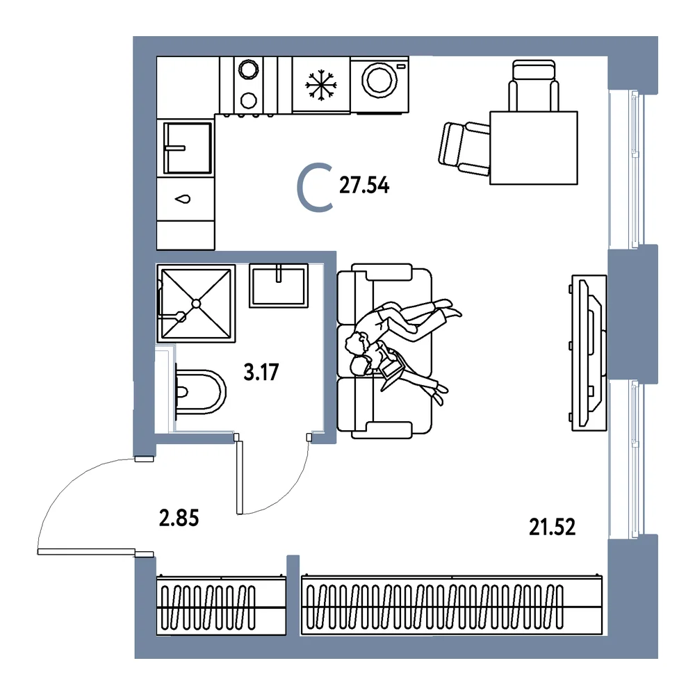 Планировка: Остров-сад Студия 27,54м²