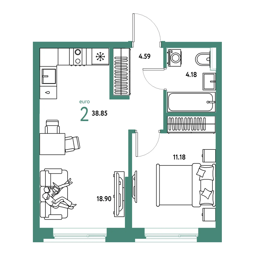 Планировка: Остров-сад 2-комнатная 38,85м²