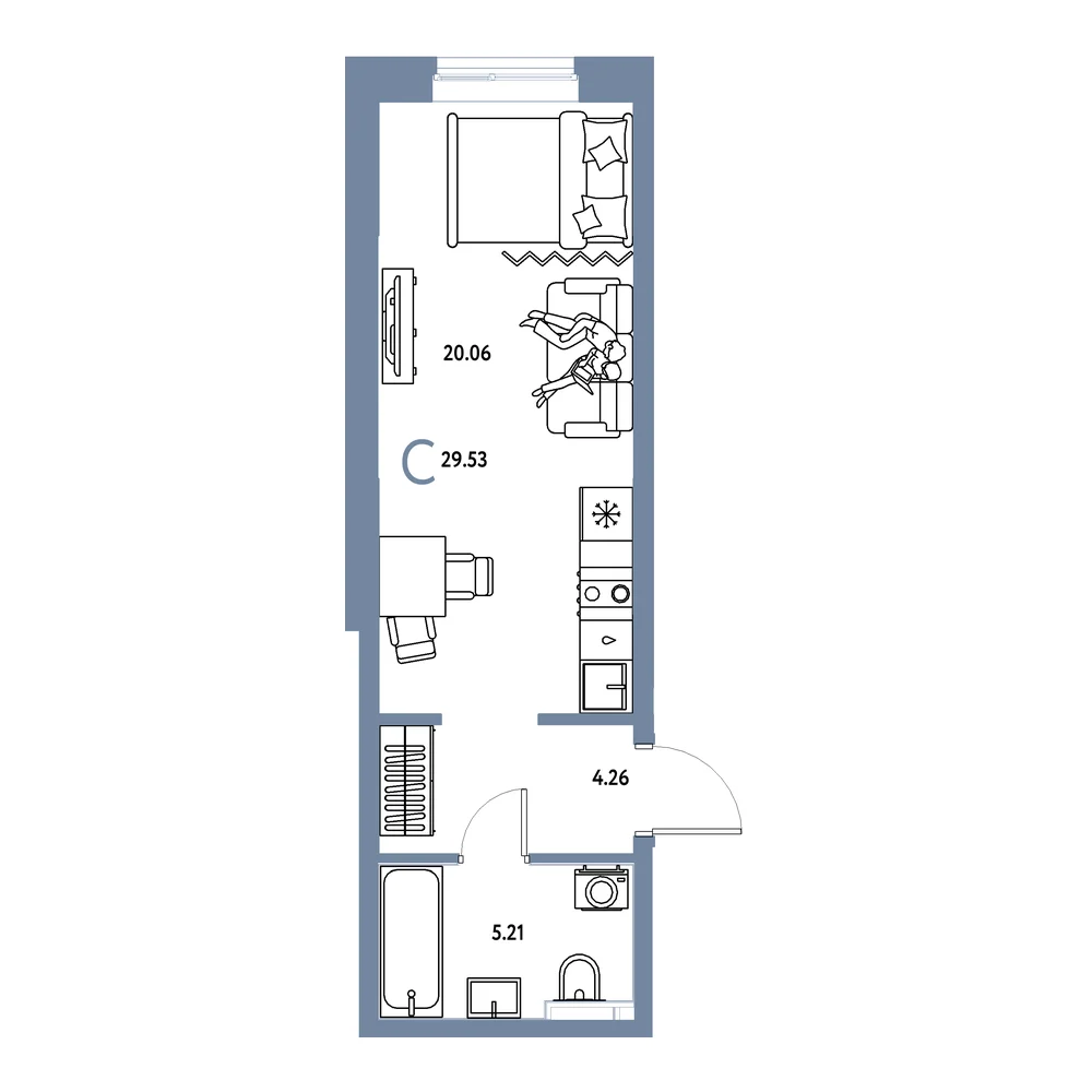 Планировка: Остров-сад Студия 29,53м²