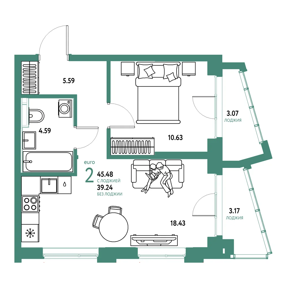 Планировка: Остров-сад 2-комнатная 45,48м²