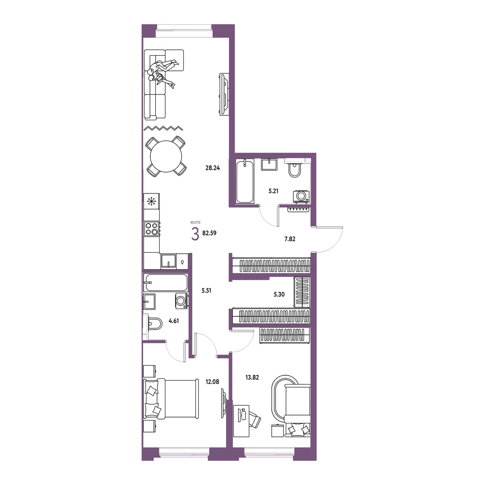 Планировка: Остров-сад 3-комнатная 82,59м²