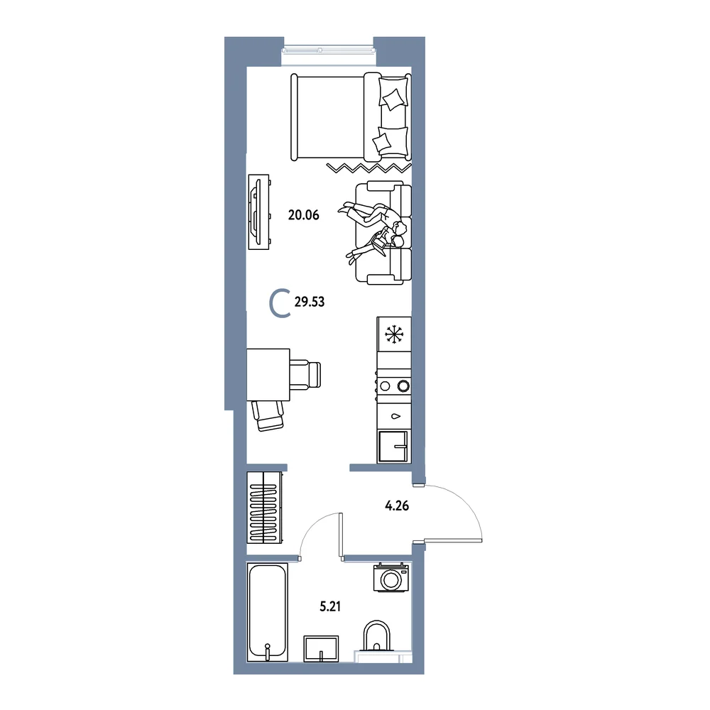 Планировка: Остров-сад Студия 29,53м²