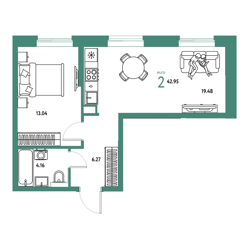 Планировка: Остров-сад 2-комнатная 42,95м²