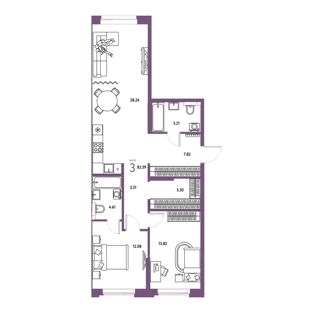 Планировка: Остров-сад 3-комнатная 82,59м²