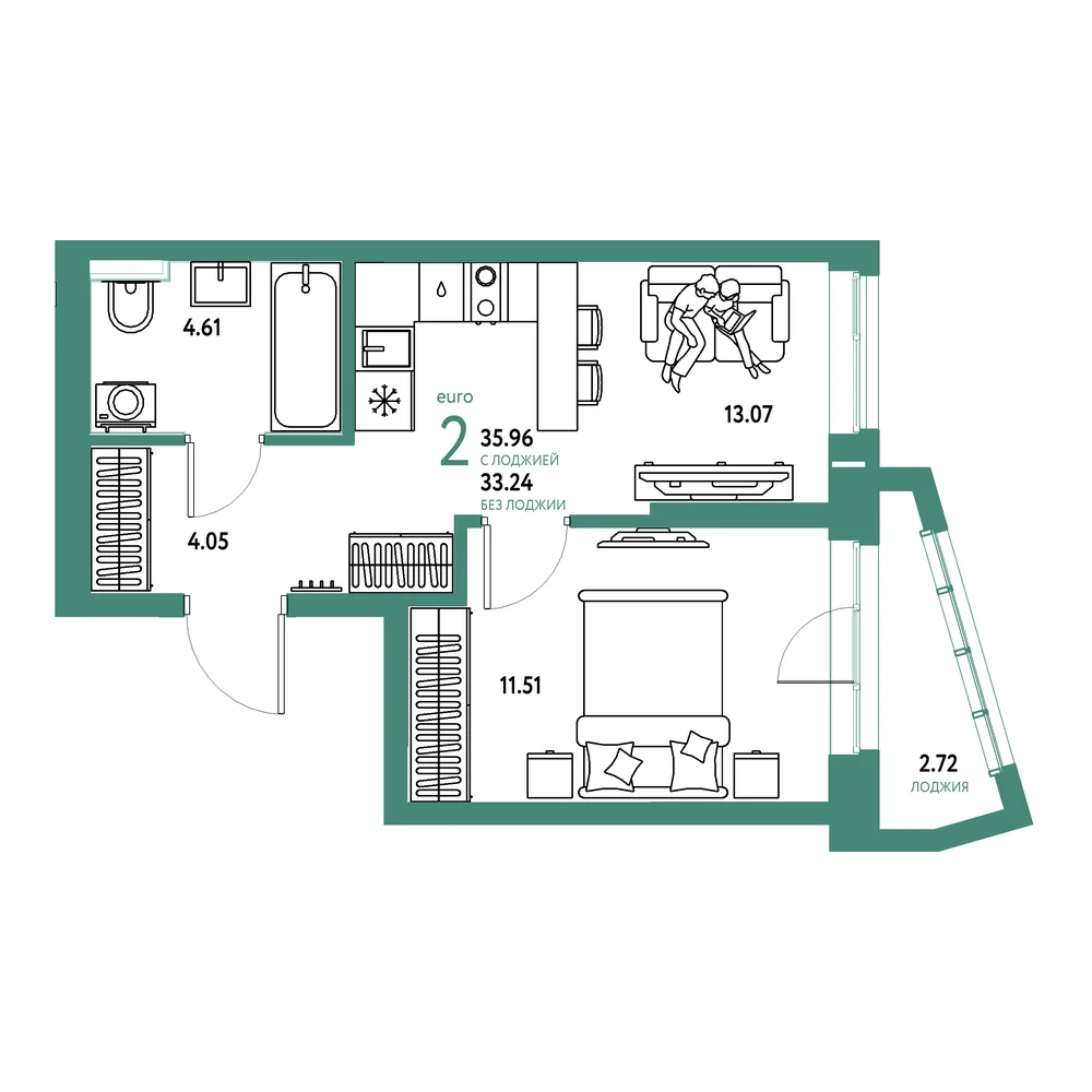 Планировка: Остров-сад 2-комнатная 35,96м²