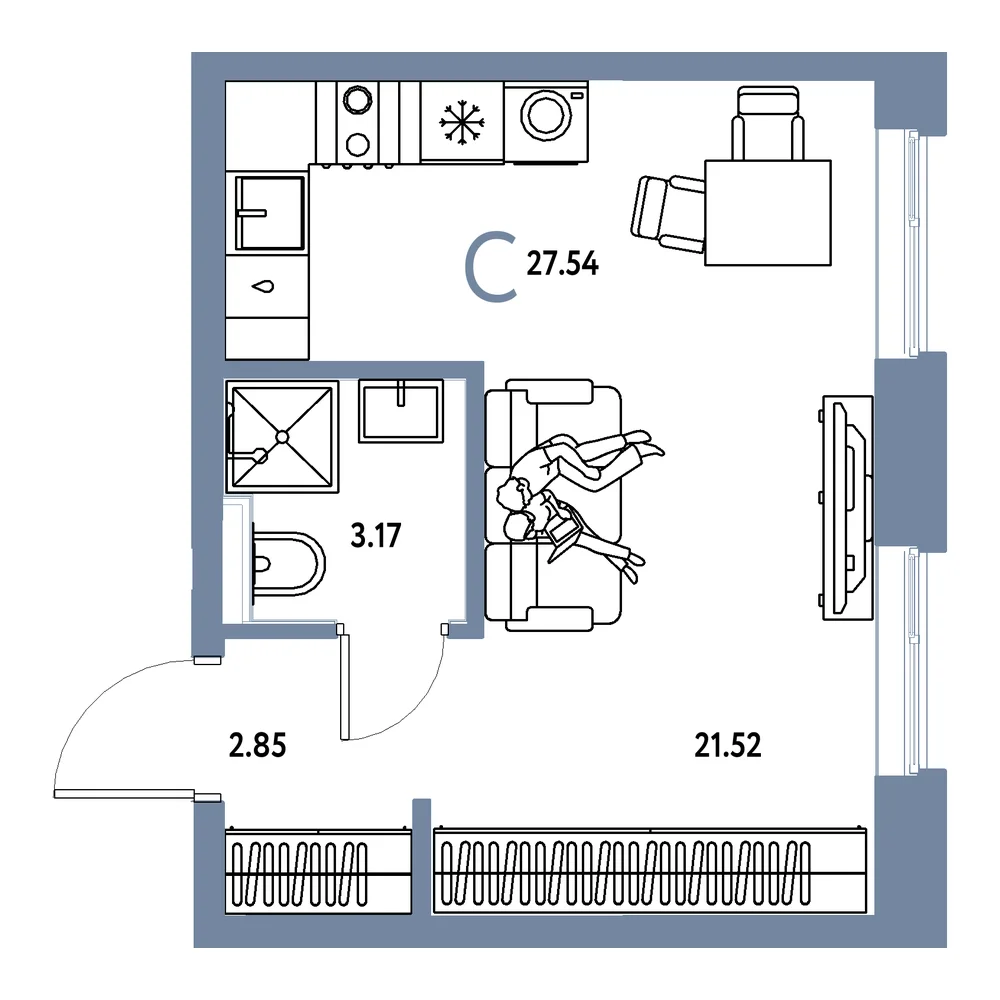 Планировка: Остров-сад Студия 27,54м²