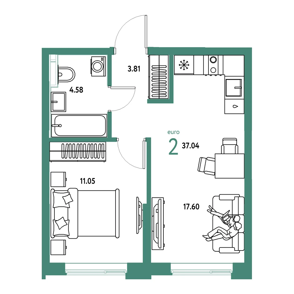 Планировка: Остров-сад 2-комнатная 37,04м²