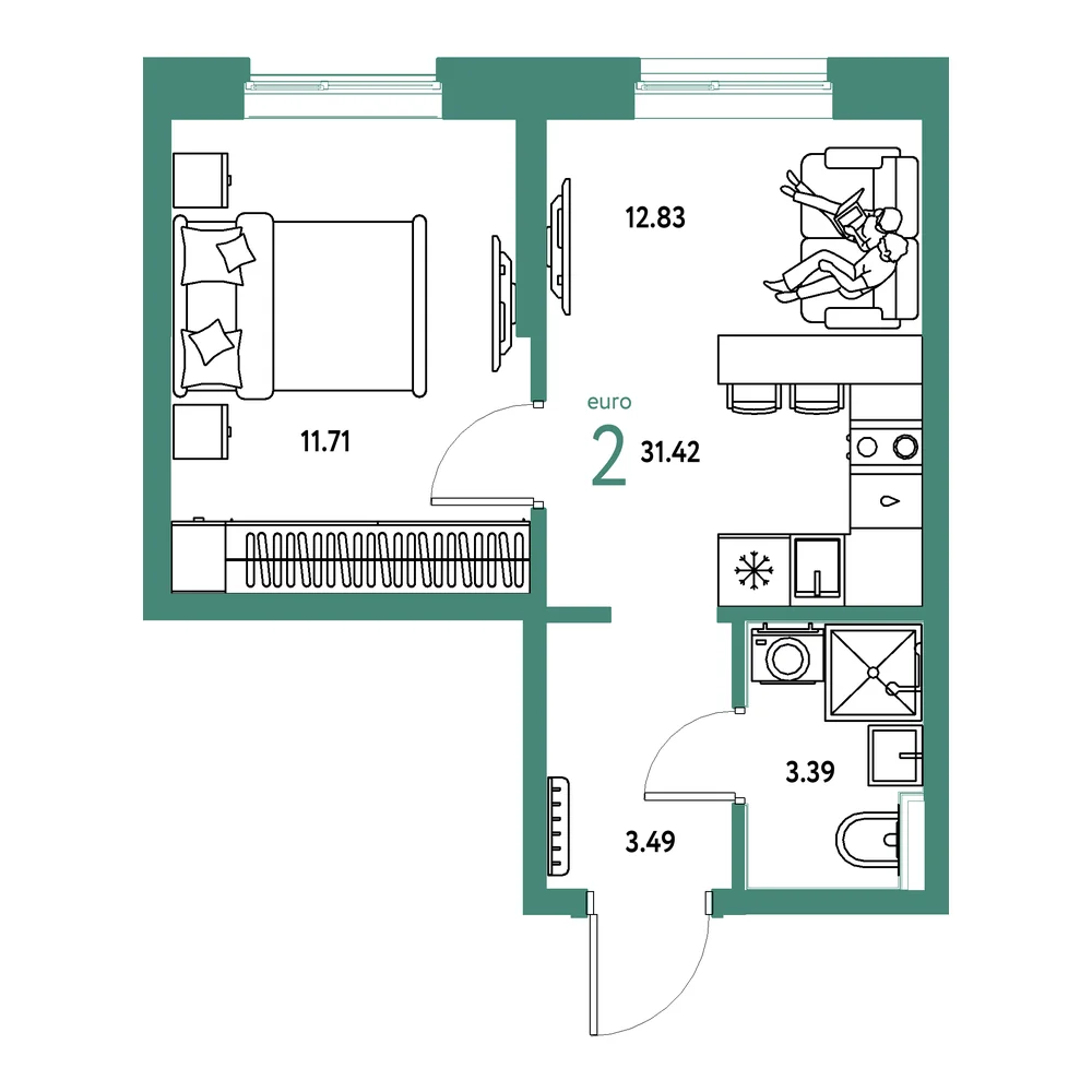 Планировка: Остров-сад 2-комнатная 31,42м²