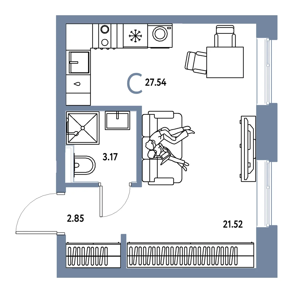 Планировка: Остров-сад Студия 27,54м²